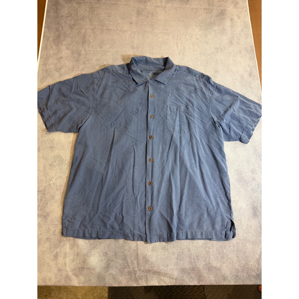 Tommy Bahama Mens XL Silk Short Sleeve Button Down Shirt Blue Palm Jacquard Camp